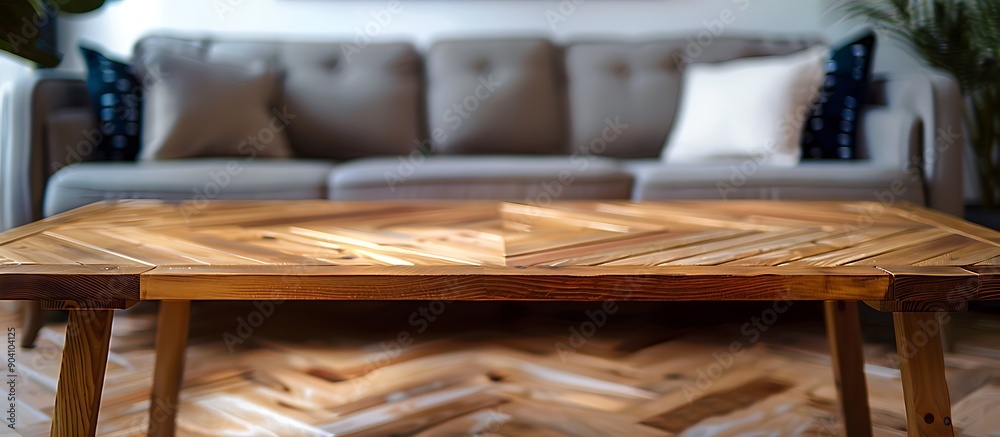 Chevron-patterned wooden coffee table, Scandinavian style, natural light, wood texture, blurred background, framed poster. Chevron-patterned wooden coffee table, Scandinavian style, natural light, wood texture, blurred background, framed poster.