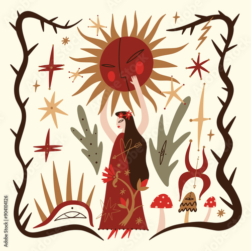 Rural local girl in folklore costume. Folk cartoon fairytale funny groovy whimsical Sun and stars flat art. Doodle stellar celestial cute astronomy and astrology characters, plants and mushrooms