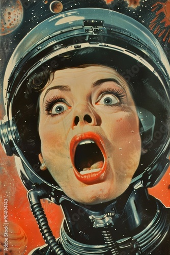 Terrified woman screaming in a space helmet dark sci-fi character face close-up