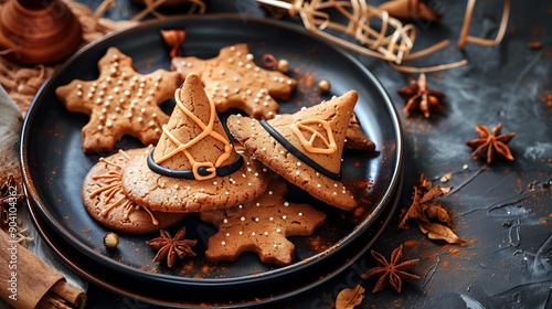 Obraz na płótnie A dish of just baked cookies looking like a broom and witches hats w salonie