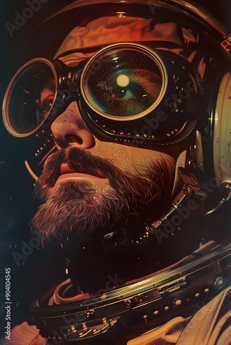 Comic style pulp sci-fi pilot explorer character face close-up