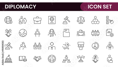 Diplomacy Line  Icons set. Vector illustration in modern thin line style of political dialogue related icons: summit, diplomatic, politics, debate, and more.