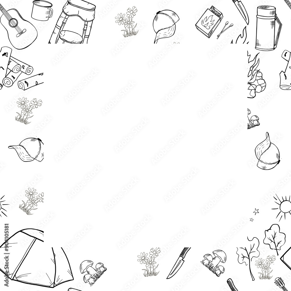 Hand drawn Frame design set of camping design elements. Black and white doodle style drawing. White background. Hand drawn Frame design set of camping design elements. Black and white doodle style drawing. White background.