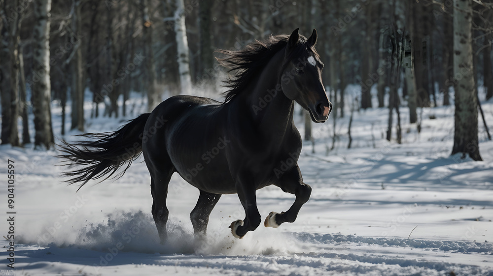 A Majestic Black Horse Galloping Gracefully in a Beautiful Winter Landscape Scene A Majestic Black Horse Galloping Gracefully in a Beautiful Winter Landscape Scene