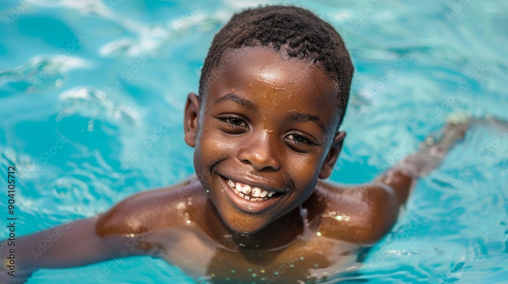 Joyful young swimmer beams with happiness in crystal-clear pool water, showcasing pure delight and the simple pleasures of a refreshing summer swim. Joyful young swimmer beams with happiness in crystal-clear pool water, showcasing pure delight and the simple pleasures of a refreshing summer swim.