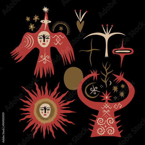 Ethnic folk fantasy cartoon fairytale flat art collection of funny groovy characters inspired by slavic mythology. Midsummer or Litha solar solstice holiday concept. Hand-drawn bohemian composition