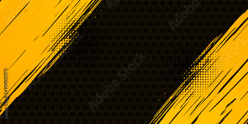 Abstract Black and Yellow Dirty Grunge Background with Halftone Effect. Sports Background with Brush Stroke Illustration