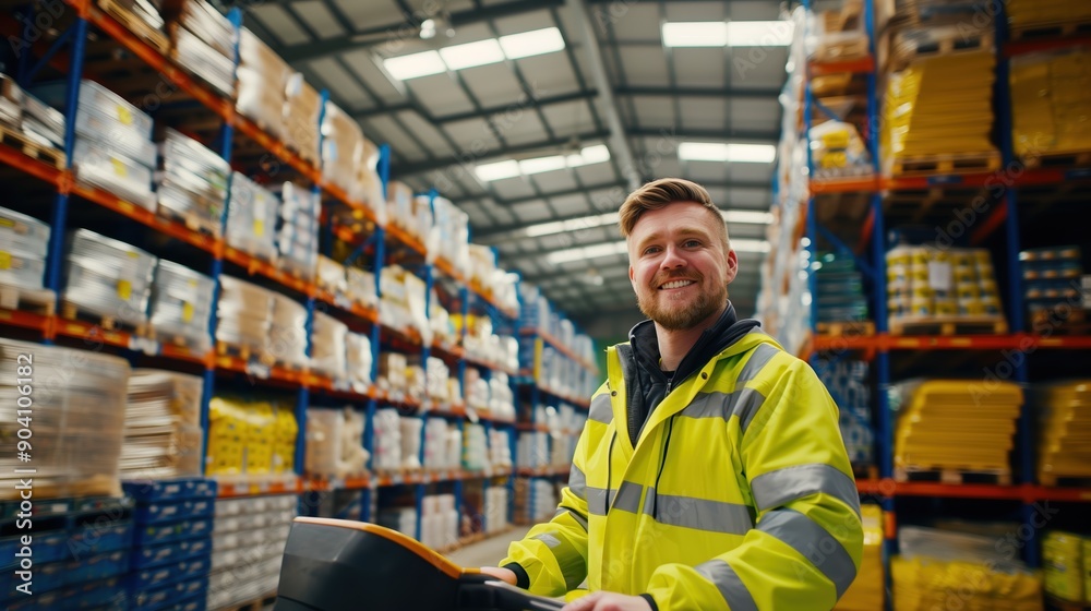 Smiling Warehouse Worker in High Visibility Jacket in Busy Warehouse Smiling Warehouse Worker in High Visibility Jacket in Busy Warehouse