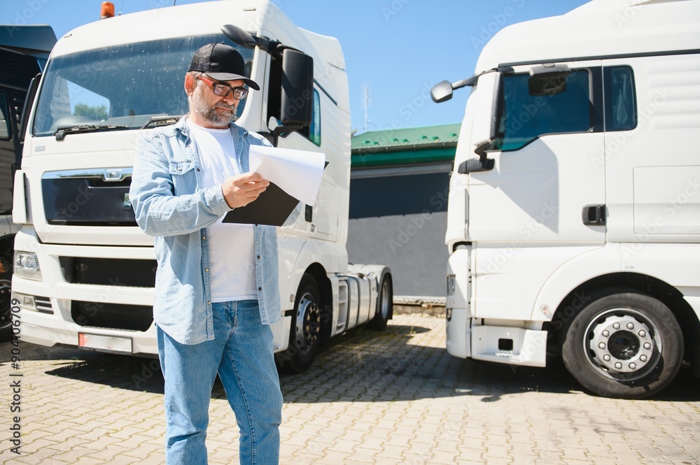 Mid adult truck dispatcher checking shipment list on a parking lot