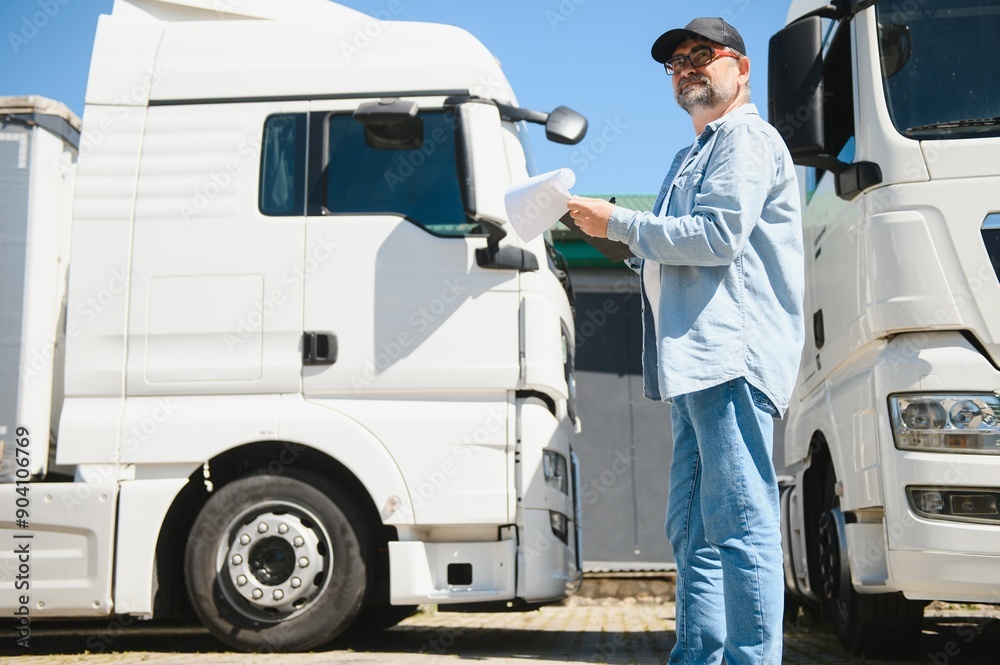 Happy confident male driver standing in front on his truck Happy confident male driver standing in front on his truck
