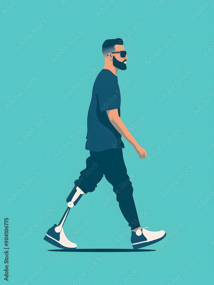 Fototapeta premium A man with a prosthetic leg walks confidently forward, showcasing strength and determination.