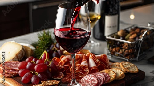A person is pouring wine into a wine glass from a bottle. The wine glass is on a wooden board with a variety of food items, including crackers, grapes, and meat. Concept of relaxation and enjoyment.