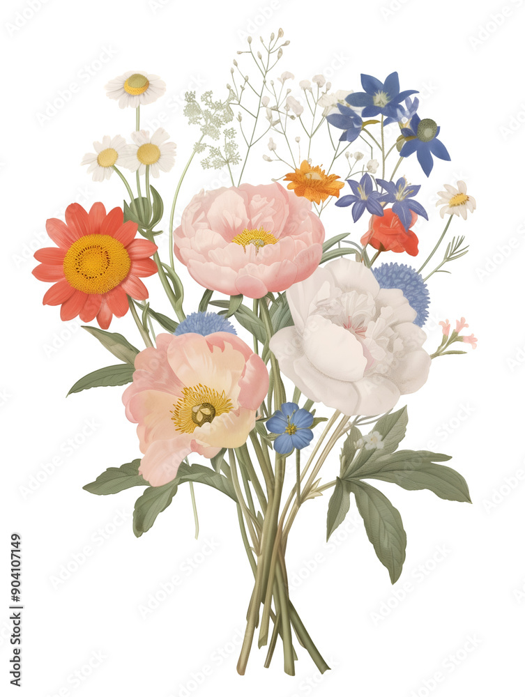 Fototapeta premium Elegant Watercolor Floral Bouquet with Pastel Peonies and Wildflowers