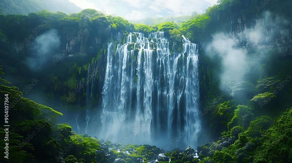 Fototapeta premium Majestic Waterfall Cascading Through Lush Green Forest - Digital Illustration
