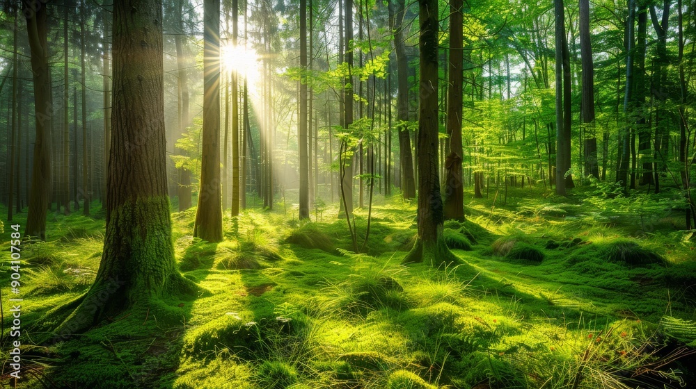 Fototapeta premium Sunbeams Through Forest Trees.