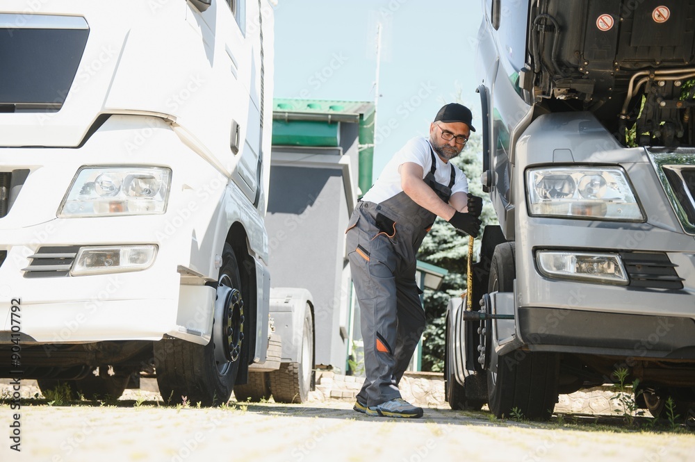 A senior worker checks wheel. Truck malfunction. Service work A senior worker checks wheel. Truck malfunction. Service work
