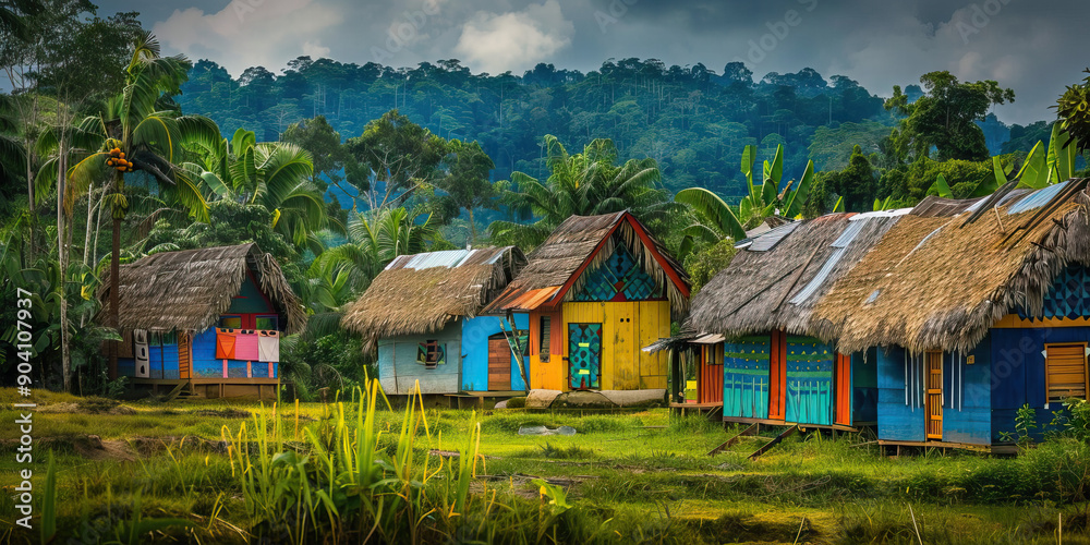 Vibrant Village: Colorful huts dotting a lush landscape, people in traditional attire. Vibrant Village: Colorful huts dotting a lush landscape, people in traditional attire.