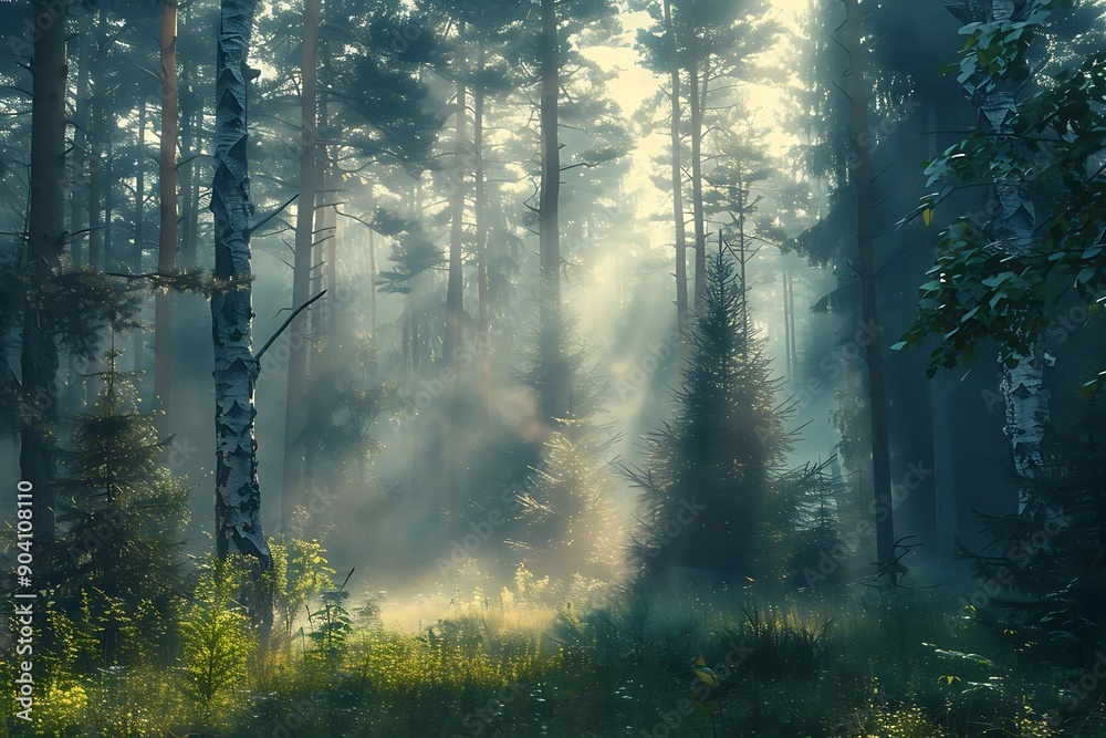 Fototapeta premium Forest Sunrise Illustration - Sunbeams Through Misty Trees