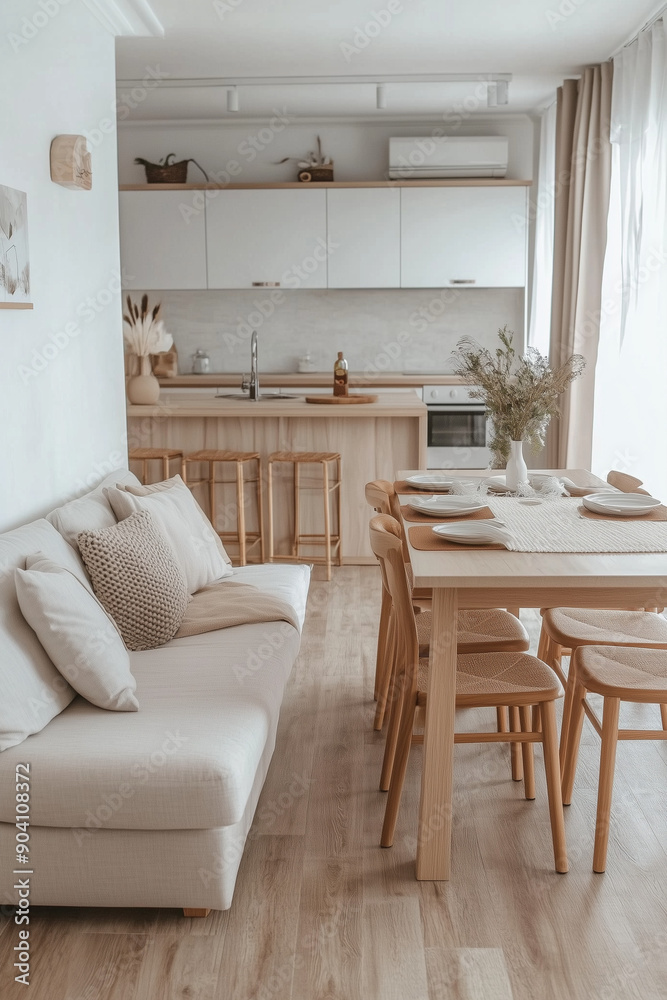 Fototapeta premium Modern minimalistic interior of a kitchen and dining room