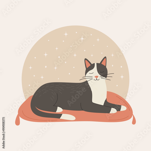 Vector Flat Grey Dreaming Cat. Cartoon Cat Lying on the Mat. Cute and Funny Cat in Front View