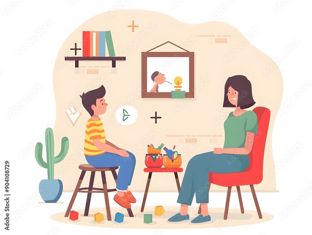 A young boy talks to a therapist in a home office setting. A young boy talks to a therapist in a home office setting.
