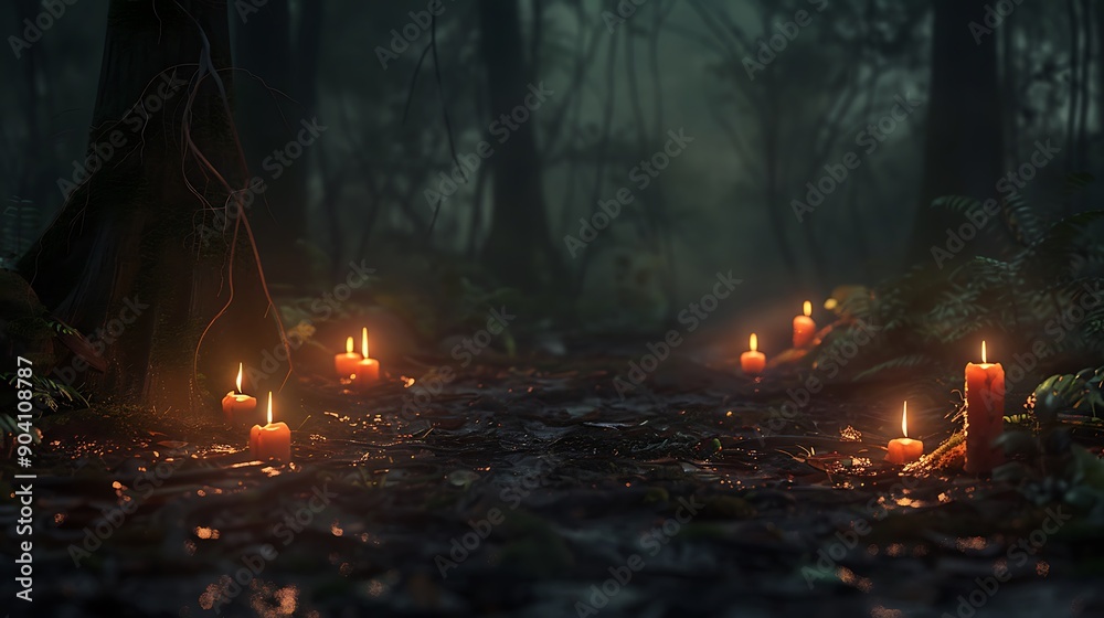 A few candles flaring on a gloomy forest floor A few candles flaring on a gloomy forest floor
