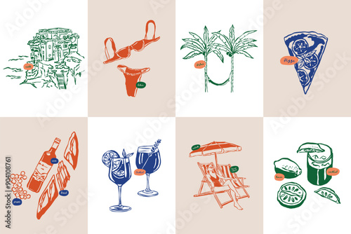 Minimalist hand drawn travel vector illustration collection. Art for postcards, branding, logo design, background.	
