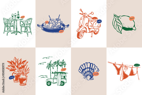 Minimalist hand drawn travel vector illustration collection. Art for postcards, branding, logo design, background.	
