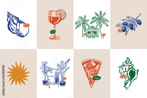 Minimalist hand drawn travel vector illustration collection. Art for postcards, branding, logo design, background.	
