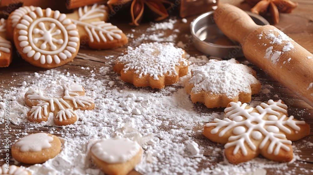 A flour dusted dining surface including cookies and a rolling pin A flour dusted dining surface including cookies and a rolling pin