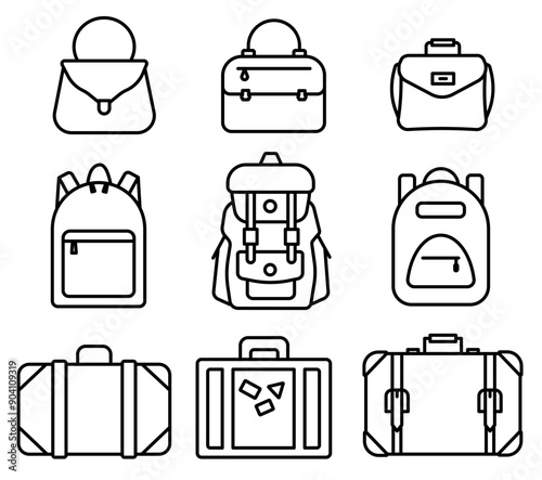 A variety of hand luggage. Luggage icon, women's bags, briefcases and backpacks. bags icons.