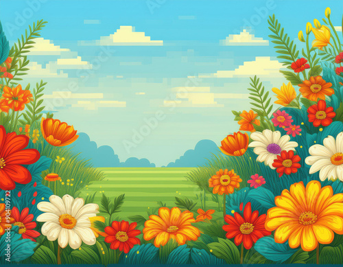 Bright Summer Floral Art Illustration Flowers Background with Copy Space for Advertising Text