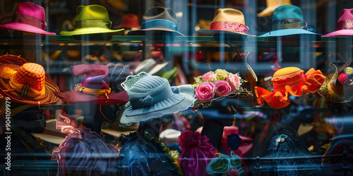 Hattery Haul: A bustling shop window display, filled with unique and quirky hats