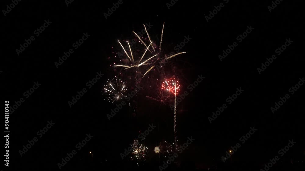 Fireworks firecracker beautiful colorful light show at night in Europe