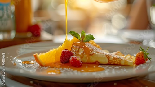 Obraz na płótnie A foreground of orange infused sauce drizzling over crepe suzette w salonie