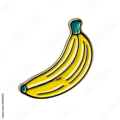 Enamel pin featuring a yellow banana, perfect for adding a fun fruit theme to your accessories, isolated on white background, PNG photo