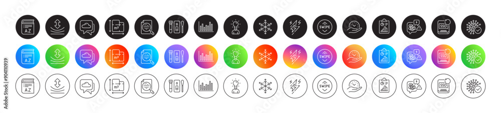 Weather forecast, Resilience and Education line icons. Round icon gradient buttons. Pack of Bar diagram, Coronavirus, Lightning bolt icon. Floor plan, Covid test, Swipe up pictogram. Vector Weather forecast, Resilience and Education line icons. Round icon gradient buttons. Pack of Bar diagram, Coronavirus, Lightning bolt icon. Floor plan, Covid test, Swipe up pictogram. Vector