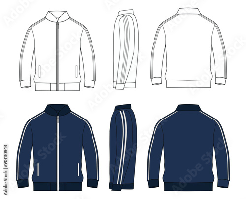 sport track suit jacket sweatshirt front, back and side views vector Illustration