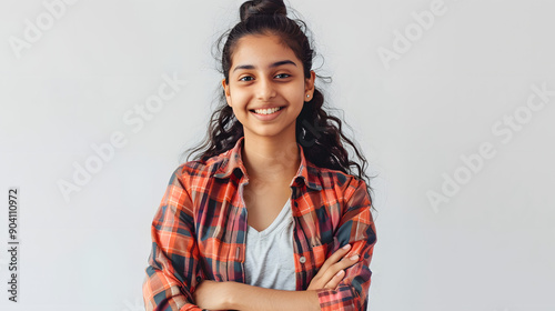 cheerful indian girl standing at home office looking at camera isolated on white background, vintage, png