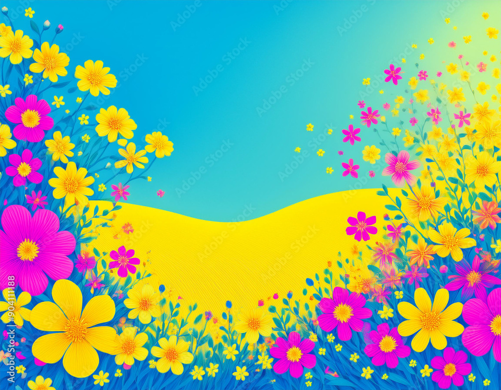 Bright Summer Floral Art Illustration Flowers Background with Copy Space for Advertising Text Bright Summer Floral Art Illustration Flowers Background with Copy Space for Advertising Text