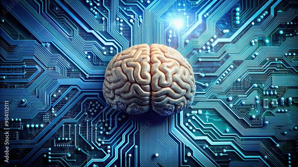 of a brain connected to a motherboard , future technology, AI, artificial intelligence, digital of a brain connected to a motherboard , future technology, AI, artificial intelligence, digital