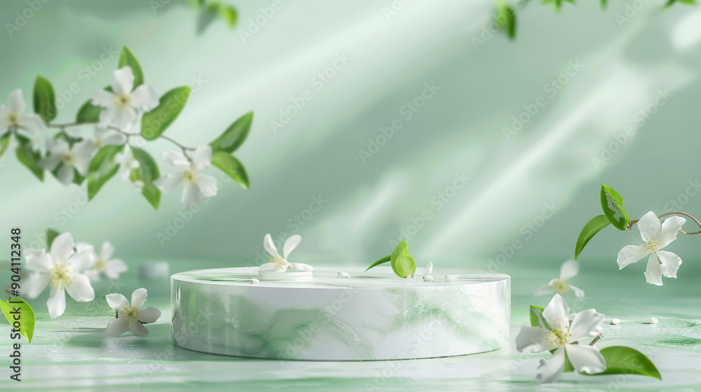 Marble stone podium stand for cosmetics on a soft pastel green abstract background. Enhance with white jasmine flowers and light green leaves for a fresh and tranquil feel. Marble stone podium stand for cosmetics on a soft pastel green abstract background. Enhance with white jasmine flowers and light green leaves for a fresh and tranquil feel.