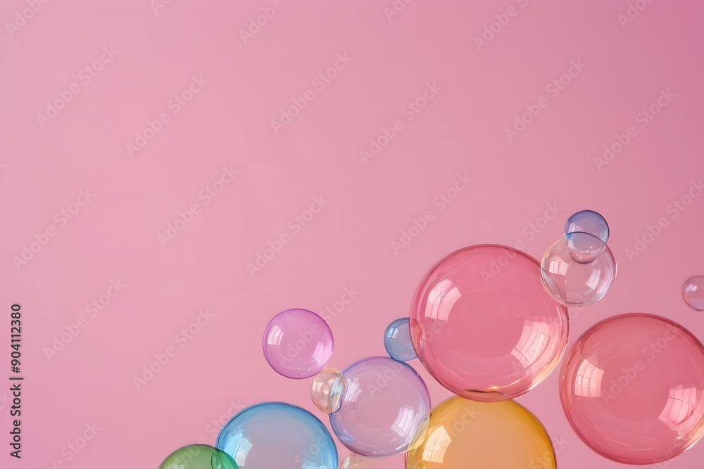 Transparent soap bubbles on a pink background with empty space. Reflections and glossy surfaces.