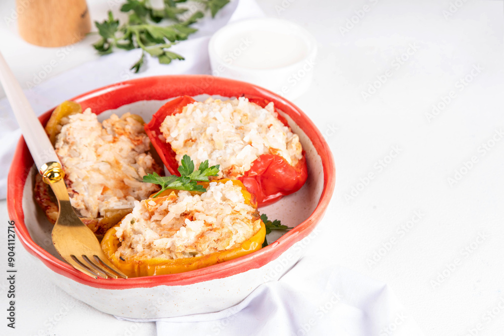 Colorful red, yellow, green Stuffed bell peppers Colorful red, yellow, green Stuffed bell peppers