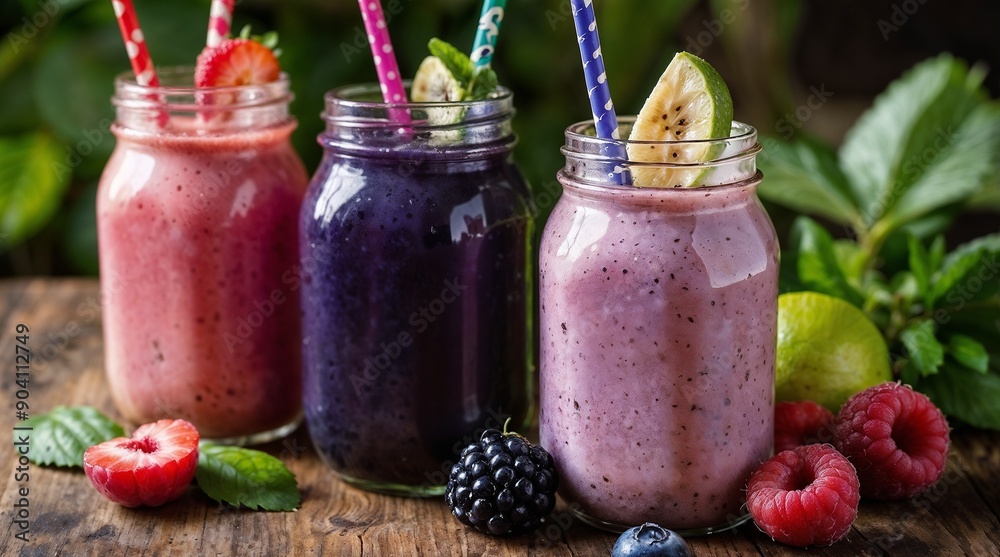 Delicious and Colorful Vibrant Smoothie Jars Featuring Fresh Berries and Exquisite Fruits Delicious and Colorful Vibrant Smoothie Jars Featuring Fresh Berries and Exquisite Fruits