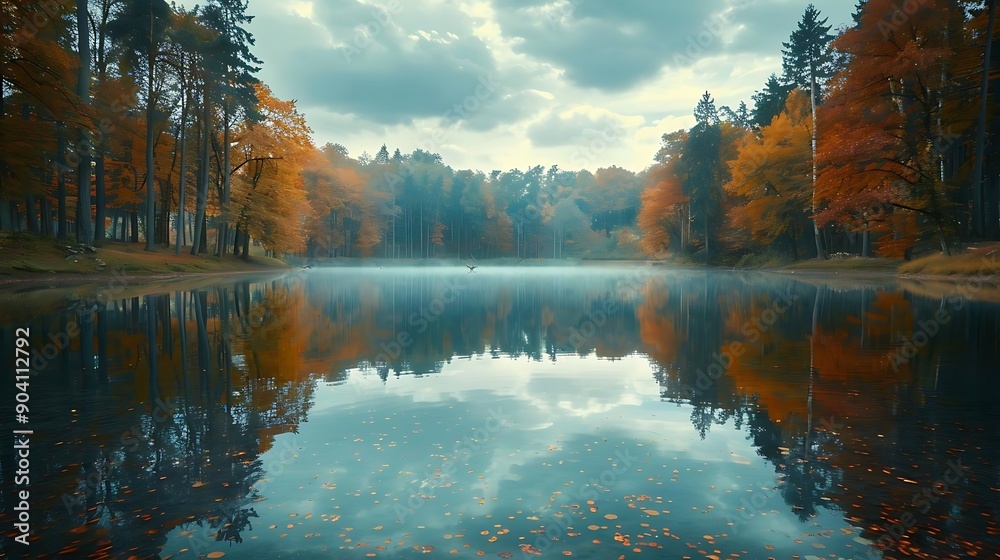 Fototapeta premium Autumn Forest Reflection in Still Lake - Digital Illustration