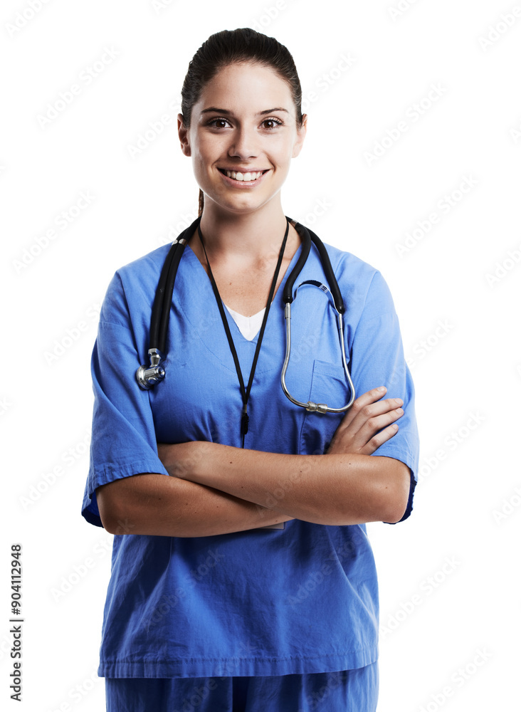 Woman, nurse and happiness in studio for health care on white background, help and satisfied with career. Female person, confident and smile in portrait as medical professional or expert with pride Woman, nurse and happiness in studio for health care on white background, help and satisfied with career. Female person, confident and smile in portrait as medical professional or expert with pride