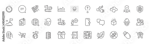 Add products, Speech bubble and Corrupt line icons. Pack of Credit card, Text message, Cloud sync icon. Swipe up, Electricity plug, Business target pictogram. Growth chart, Tax documents. Vector