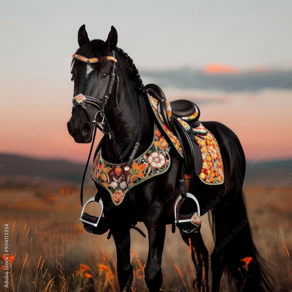 Obraz premium Black stallion adorned with a richly decorated saddle
