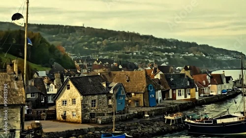 coastal view with rows of colorful houses along the waterfront footage photo